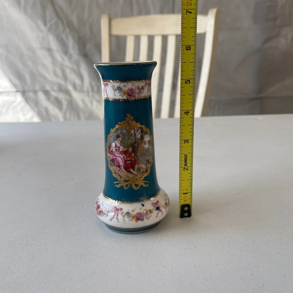 Vintage Teal Porcelain Bud Vase Fragonard Courting Scene Gold Gilt Floral 5.25in